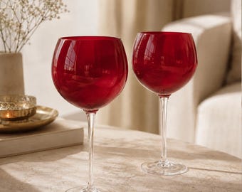 Vintage Ruby Red Wine Glasses – 1970s European Barware, Set of 2