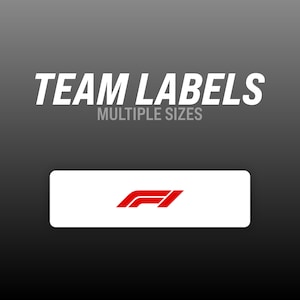 May include: A rectangular white label featuring the red Formula 1 logo centered on its surface. Above the label, the text TEAM LABELS and MULTIPLE SIZES is displayed in white against a dark gray gradient background.