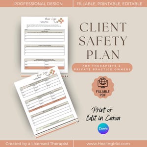 Può includere: Un modello di Piano di Sicurezza del Cliente per terapisti e proprietari di studi privati. Il design è compilabile, stampabile e modificabile. Il documento include sezioni per i segnali di pericolo, le strategie di coping e le informazioni di contatto. Il testo include "Your Logo" e "Print or Edit in Canva".