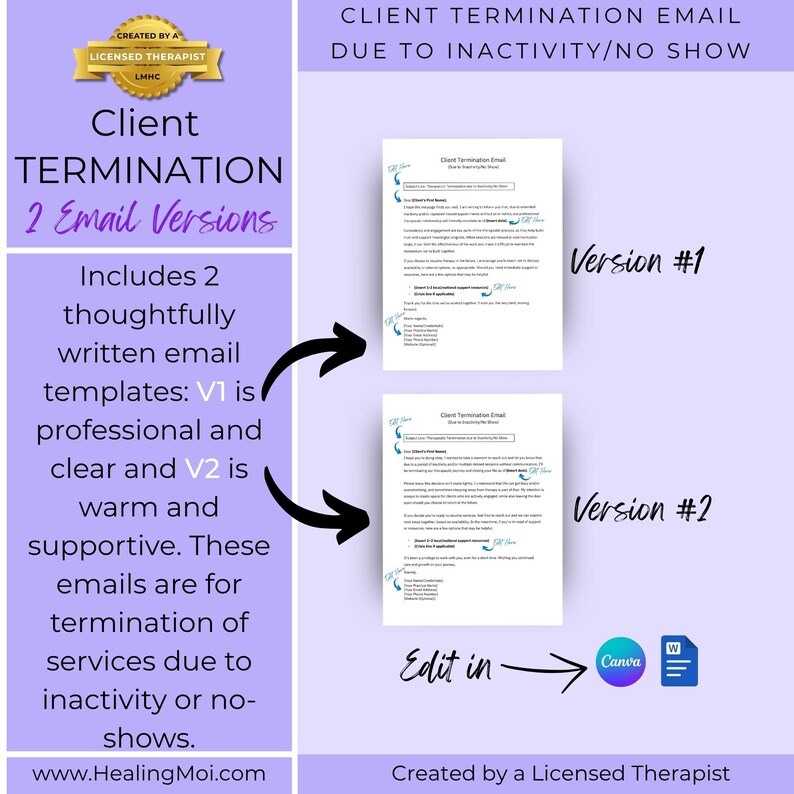 Client Termination Email Template | Therapy Closure for Inactivity No ...