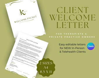 Private Practice Welcome Letter | Therapy Client Letter | Documents for Business Owners | Simple Editable Letter - WL004