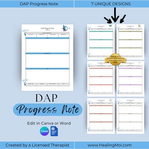 Puede incluir: Una colección de plantillas de Notas de Progreso DAP con siete diseños únicos. Las notas están diseñadas para editarse en Canva o Word. La imagen incluye el texto "Creado por un terapeuta con licencia" y el sitio web www.HealingMoi.com.