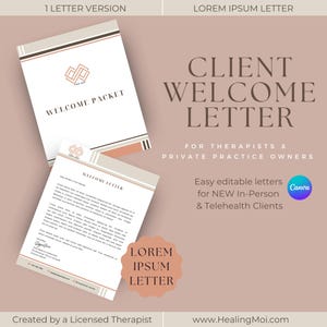 Peut inclure: Un ensemble de bienvenue et une lettre au design minimaliste. L'ensemble et la lettre sont blancs avec des accents beiges et bruns. Le texte indique "Client Welcome Letter" et "Welcome Packet". L'image comprend également le logo Canva.