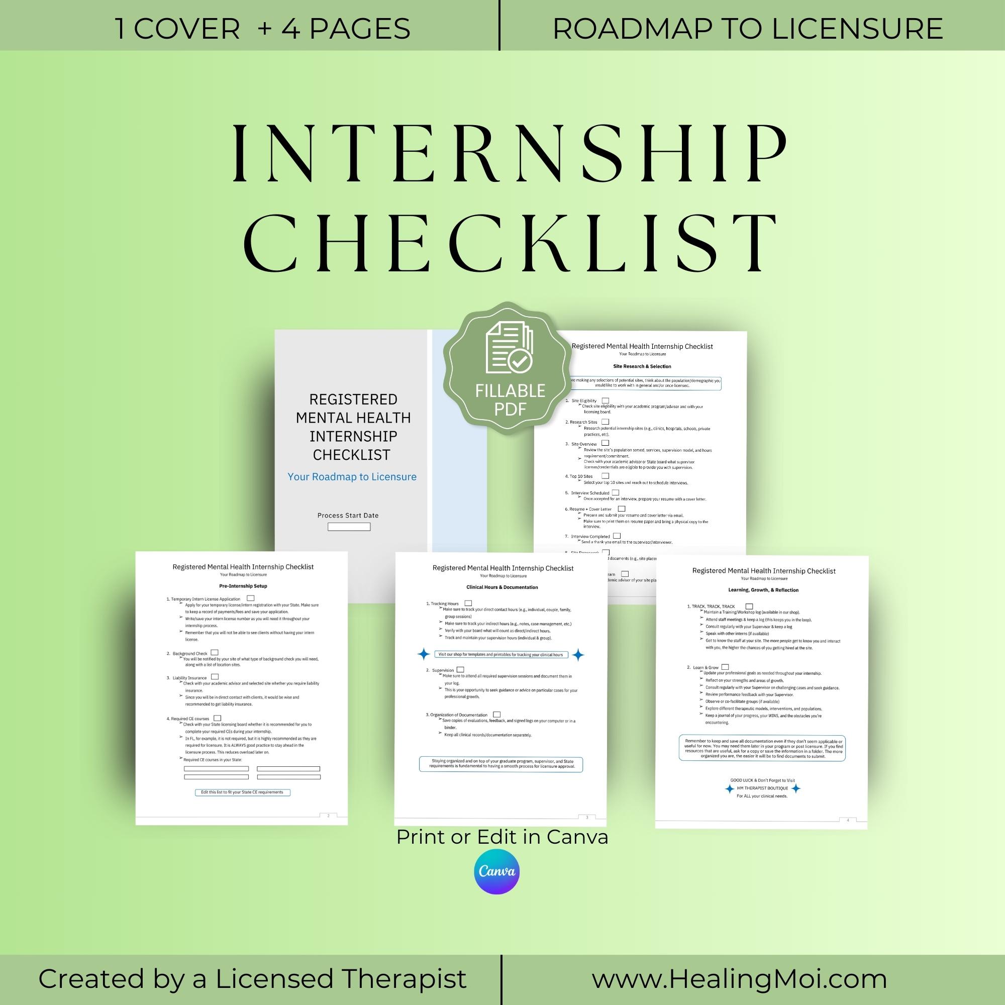 Internship Program Checklist Registered Mental Health Internship Fillable Checklist | Pre-licensure ...