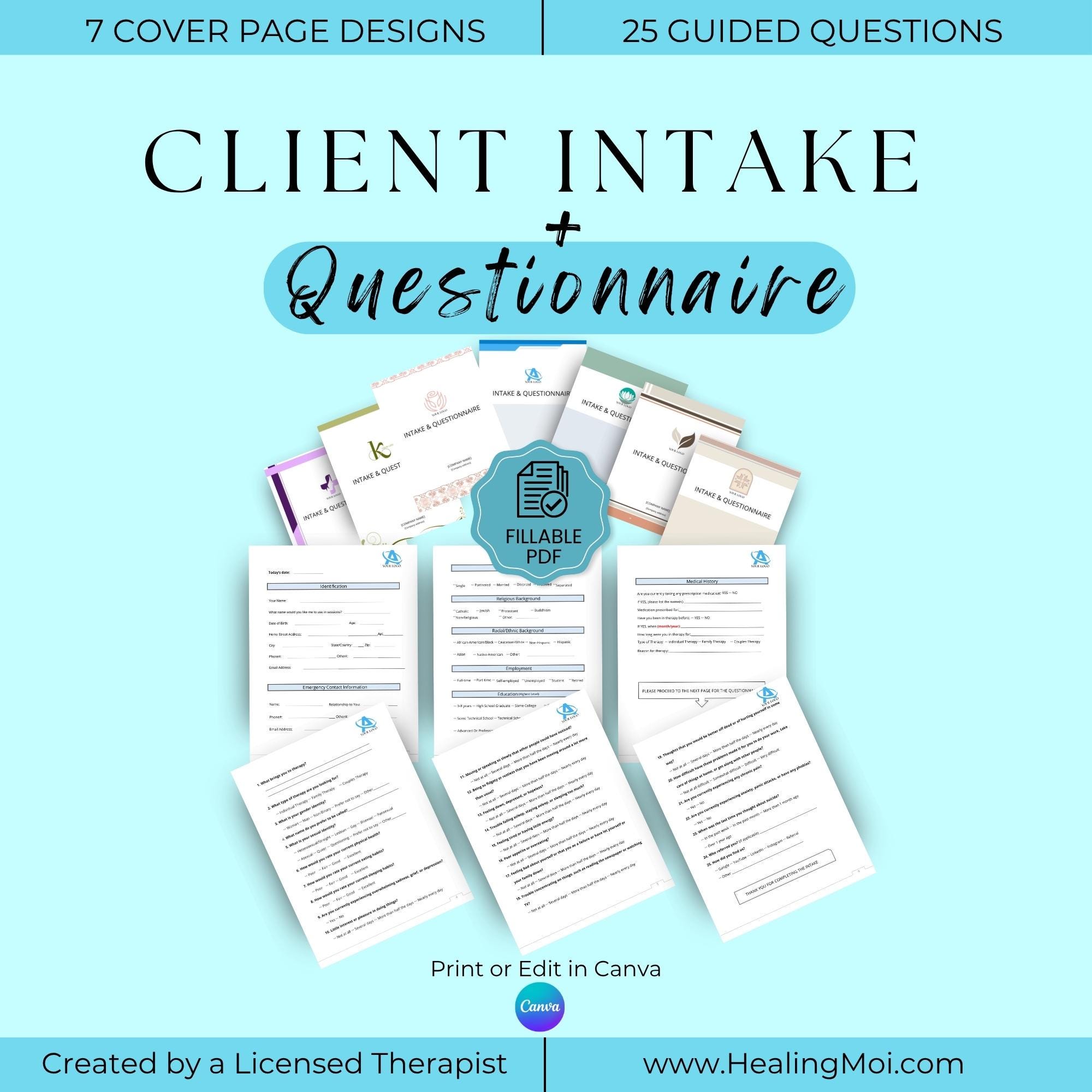 Client Intake & Questionnaire Fillable Template | Private Practice Onboarding | Psychotherapy Initial Documentation | Edit or Print - CIQ001