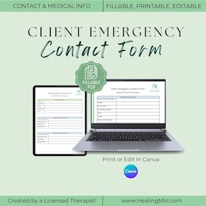 Puede incluir: Un formulario de contacto de emergencia para clientes digital que se muestra en una tableta y un ordenador portátil. El formulario está etiquetado como "Client Emergency Contact Form" e incluye campos para información de contacto y médica. También incluye el texto "Fillable PDF" y "Print or Edit in Canva."