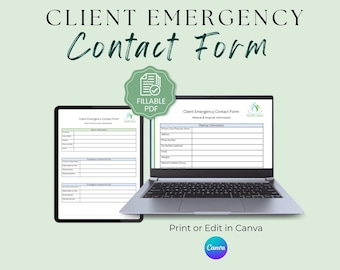 Client Emergency Contact Form Template | Private Practice Essentials | Medical Details | Consent & Acknowledgment | Edit in Canva - CECF001