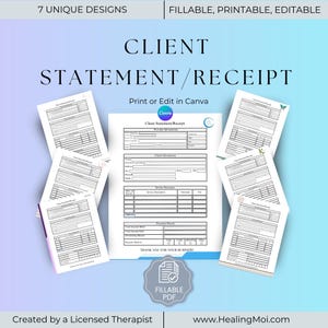 May include: A collection of printable client statement/receipt templates. The design includes the text "Client Statement/Receipt" and "Print or Edit in Canva". The templates are fillable and editable, with a "Fillable PDF" badge. The background is a gradient of blue and white.