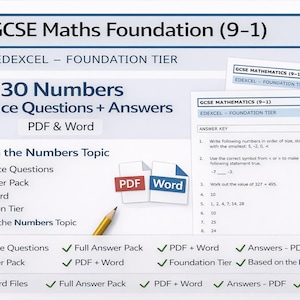 May include: Educational resource for GCSE Maths Foundation (9-1) students. The image displays practice questions and answers on the topic of numbers, available in PDF and Word formats. Includes 30 practice questions and a full answer pack.