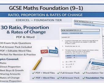 GCSE数学 比、比例、変化率の練習：Edexcel Foundation（PDFとWord）
