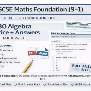 Puede incluir: Guía de estudio para GCSE Maths Foundation (9-1) con 30 ejercicios de álgebra y respuestas. Incluye archivos PDF y Word, que cubren temas como la resolución de ecuaciones. Paquete de respuestas completo incluido.