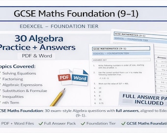 GCSE 数学基礎: Edexcel (9–1) に準拠した、完全な解答付きの試験形式の代数問題 30 問。