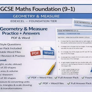 Op de afbeelding: Educatief materiaal voor GCSE Maths Foundation (9-1) Meetkunde & Meten. Bevat 30 examenstijlvragen, PDF- en Word-bestanden en een volledige antwoordenbundel. Onderwerpen: hoeken, omtrek, oppervlakte en de stelling van Pythagoras.
