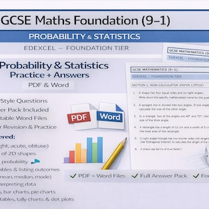 May include: A study guide for GCSE Maths Foundation (9-1) Probability & Statistics. Includes 30 exam-style questions, PDF and editable Word files, and a full answer pack. Topics covered include angles, probability, and data interpretation. Features a pencil, dice, and bar graph.