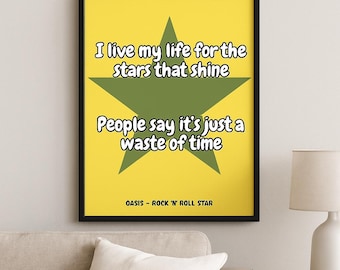 オアシスの歌詞ポスター：ロックンロールスター - ブリットポップウォールアート（デジタルダウンロードA2-A5 PDF