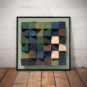 Geometric Wood Wall Decor Sculpture art decor wood painting Green wood texture wall decor 3D Wood Wall Art Contemporary Wood Block Art