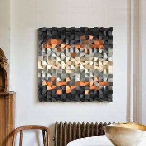 Geometric Wood Wall Decor brown 3D Wood Wall Art Contemporary Wood Block Art Natural Wood Mosaic Art Handcrafted Wooden Wall Decor Sculpture