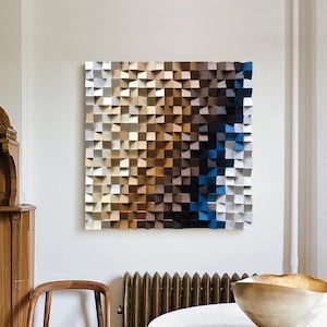 Natural Wood Mosaic Art Geometric Wood Wall Decor brown 3D Wood Wall Art Contemporary Wood Block Art Handcrafted Wooden Wall Decor Sculpture