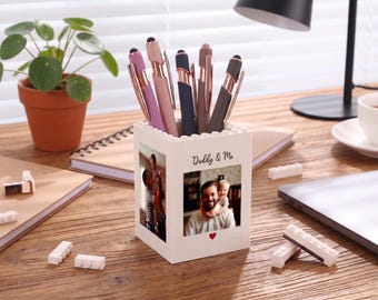 Porte-crayons photo personnalisé en briques papa et moi, cadeau personnalisé pour la fête des pères, bloc de construction organisateur de bureau avec blocs photo pour papa