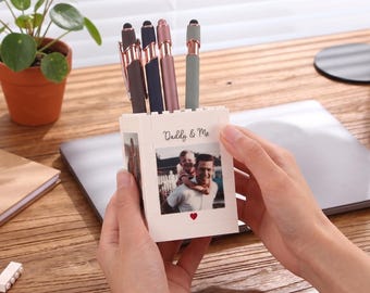 Porta-lápis personalizado com foto "Papai e Eu" em formato de blocos de montar, presente personalizado para o Dia dos Pais, organizador de mesa para o papai.