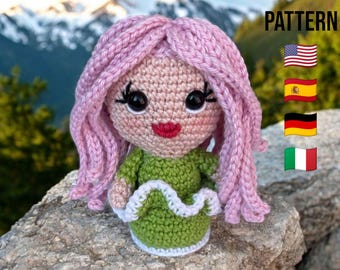 Amigurumi Doll Pattern, Crochet Doll Pattern PDF, Tutorial doll Ella, Beginner Tutorial, PDF Pattern in English, Spanish, German, Italian