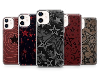 May include: A collection of five phone cases with various star patterns. The cases feature designs in red, black, and brown, with stars in different sizes and styles. The cases are designed to fit a smartphone.