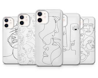 Line Art Phone Case Abstract Faces Cover for iPhone 17, 16, 15, 14, 13, 12, Samsung S26, S25, S24, A17, A56, Pixel 10 Pro XL, 9A, 8Pro, 7A
