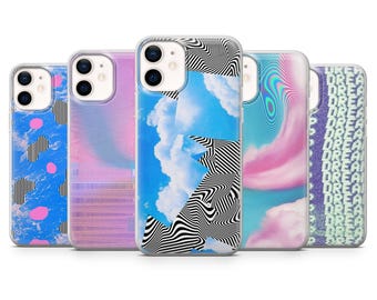 May include: A collection of five phone cases with various designs. The cases feature a range of abstract patterns, including blue marble, pink and purple gradients, a blue sky with clouds and black and white geometric shapes, and a pink and green swirl.