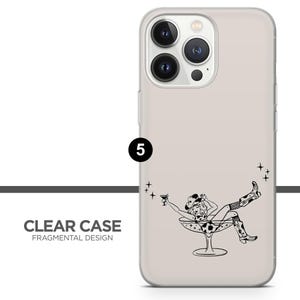Peut inclure: Coque de t&eacute;l&eacute;phone transparente avec un design fragmentaire. L'&eacute;tui pr&eacute;sente une illustration en noir et blanc d'une personne portant un chapeau et des bottes de cow-boy, allong&eacute;e dans un verre &agrave; cocktail. Le texte "CLEAR CASE" et "FRAGMENTAL DESIGN" est imprim&eacute;.