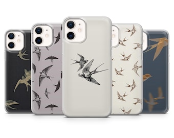 May include: A collection of five phone cases with bird designs. The cases feature various patterns, including flying swallows and detailed bird illustrations in black and white, set against backgrounds of black, gray, and cream.