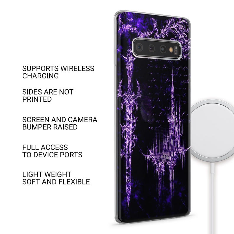 Może przedstawiać: Przezroczyste etui na telefon z fioletowym wzorem zamku. Na etui znajduje się tekst: SUPPORTS WIRELESS CHARGING, SIDES ARE NOT PRINTED, SCREEN AND CAMERA BUMPER RAISED, FULL ACCESS TO DEVICE PORTS, LIGHT WEIGHT SOFT AND FLEXIBLE.