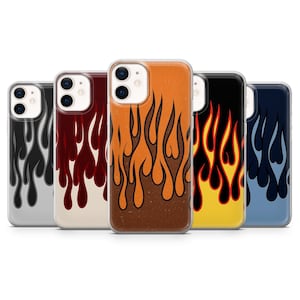 May include: A collection of five phone cases with a flame design. The cases feature a variety of colors, including black, burgundy, orange, yellow, and blue. The flame design is a stylized, retro graphic.