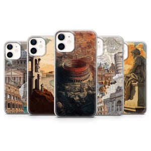 May include: A collection of phone cases featuring illustrations of famous landmarks in Rome, Italy. The cases showcase the Colosseum, St. Peter's Basilica, the Leaning Tower of Pisa, and other architectural elements in a vintage style.