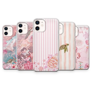May include: A collection of five phone cases with various designs. The cases feature pink and white stripes, sea turtles, seashells, and other ocean-themed illustrations. The cases are designed to fit a smartphone.
