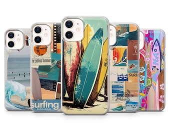 サーフィン フォンケース サーフボード、ビーチ、オーシャンカバー iPhone 17、16、15、14、13、12、Samsung S26、S25、S24、A17、A56、Pixel 10 Pro、9A、8、7用