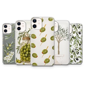 May include: Five phone cases with olive-themed designs. The cases feature illustrations of olives, olive branches, and a jar of olives. The colour palette includes green, white, and grey.