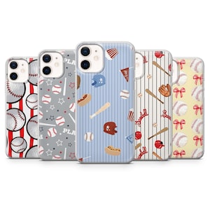 May include: Five smartphone cases featuring baseball-themed patterns. Designs include baseballs, bats, gloves, helmets, hot dogs, and red bows on backgrounds of red stripes, gray stars, light blue stripes, white pinstripes, and cream yellow.