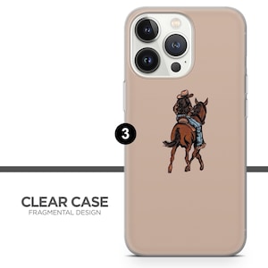 Peut inclure: Coque de t&eacute;l&eacute;phone transparente avec un motif d'une personne &agrave; cheval, en marron, bleu et beige. Le texte "CLEAR CASE FRAGMENTAL DESIGN" est visible.