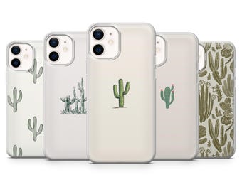 May include: A collection of five phone cases with cactus designs. The cases feature various illustrations, including a single green cactus, a group of cacti, and a repeating pattern of cacti. The cases are clear with white backgrounds.