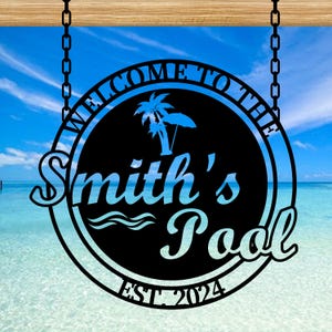 Custom Tropical Pool Sign | Personalized Palm Tree Metal Sign | Ocean Lover’s Outdoor Decor | Beach House Front Door Sign