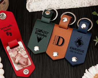Foto-Schlüsselanhänger aus Leder, Schlüsselanhänger mit benutzerdefiniertem Text, personalisiertes Geschenk für ihn, Jahrestagsgeschenk, neuer Vatergeschenk, Vatertagsgeschenk, Herrenandenken