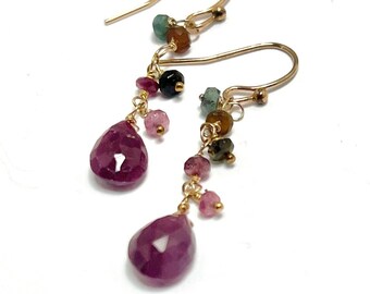 Watermelon Tourmaline Beads Dangles with 14K Gold Filled Wire  on 14k Gold Filled French Hook Style Ear Wires ~ Artisan Pierced Earrings