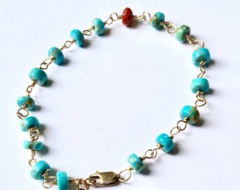 Turquoise Heishe, Red Jasper with a Faceted Lapis Lazuli Tear Drop Dangling of the End 14K Gold Filled Wire Hand Wrapped Artisan Bracelet