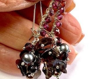 Dark Burgundy Faceted Garnets, Cultured Fresh Water Pearls and Labradorite Drop Cluster Earrings