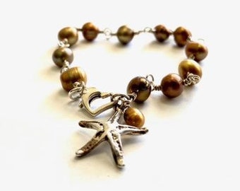 Gold/Brown Freshwater Cultured Potato Shaped Sterling Silver Bracelet with Sterling Silver Starfish Charm, Heart Lobster Clasp