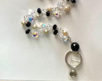 Clear AB Swarovski Crystal, Fresh Water Cultured Pearls Plus Onyx ID Badge Holder