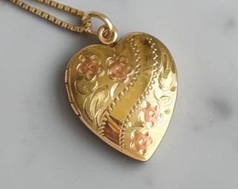 Estate Sale Vintage Floral 14k Gold filled Heart Locket with 10k Gold Box Chain NWOT