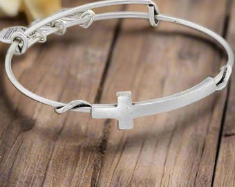 Alex and Ani - Spiritual Armor Sideways Cross Wrap Wire Bangle Bracelet, Rafaelian Silver