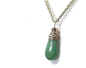 Smooth Tear Drop Spinach Colored Genuine Jade With 14k Gold Filled Wire On A Gold Dainty Cable Chain - Artisan Made, Gift