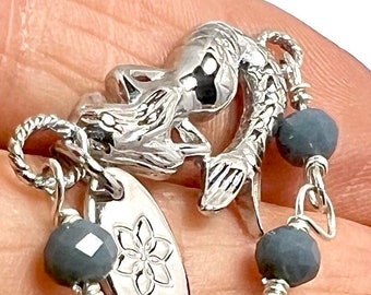 Silver Mermaid with Hawaii Tag and Hand Wrapped with Sterling Silver Wire Dusty Blue Crystal Beads - Artisan Handmade Bracelet